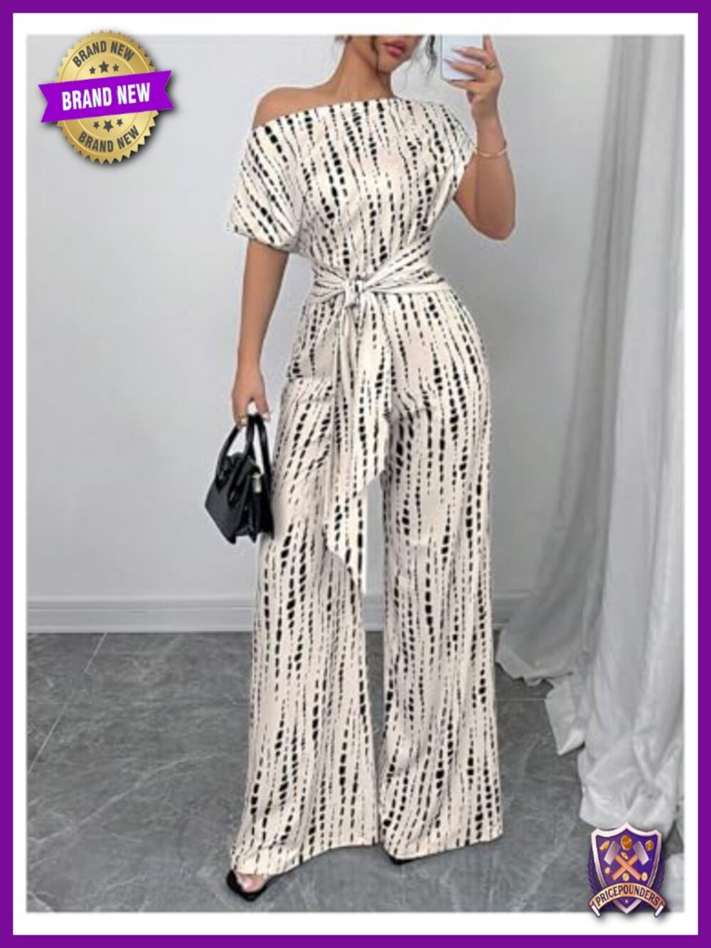Elegant Tie Front Wide Leg Romper Asymmetrical Neck Jumpsuit - Picture 3 of 3